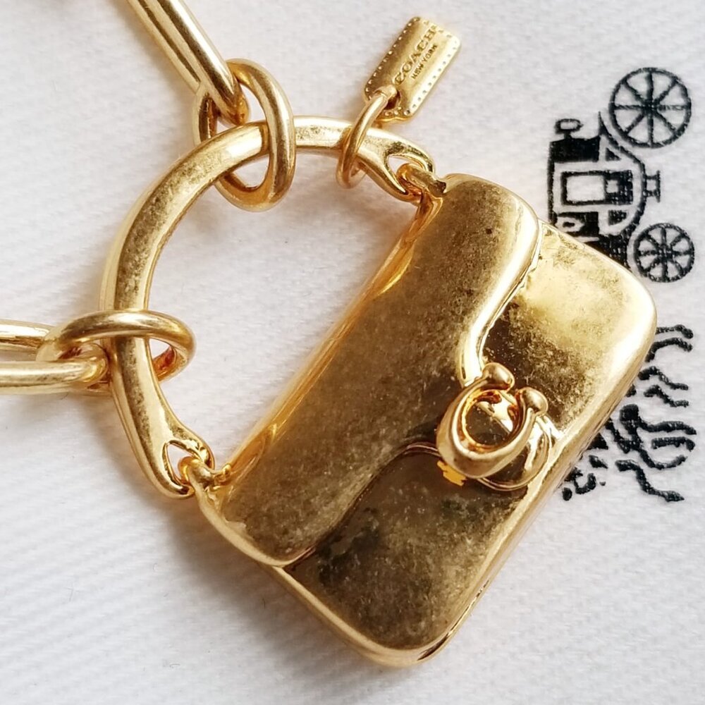 NWT Coach Mini Tabby Handbag Charm Brass Tone Pendant Paperclip Chain Necklace - Picture 6 of 7